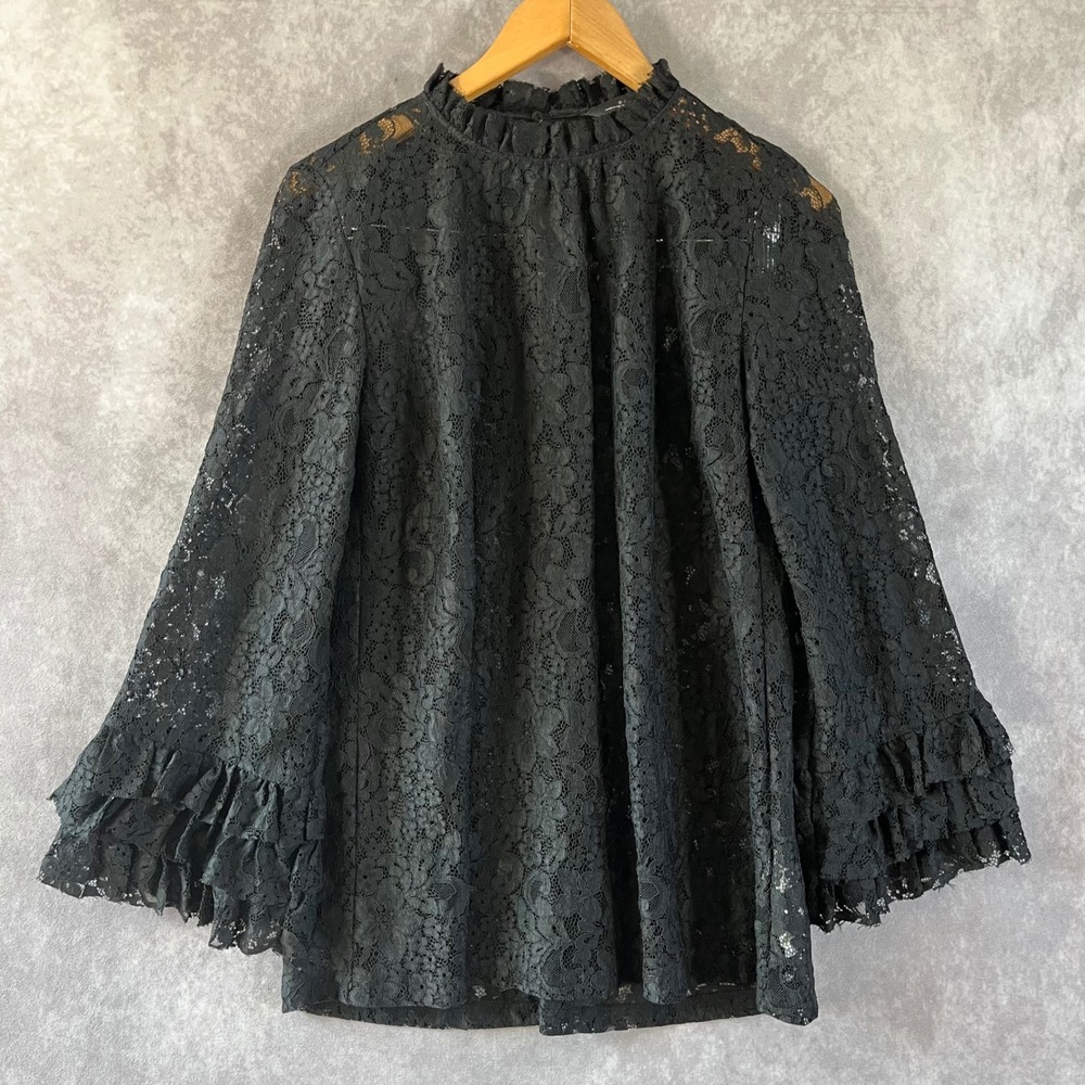 Zara Woman Lace Blouse Women S Black‎ Ruffled Mock Neck Tiered Bell Sleeve Top